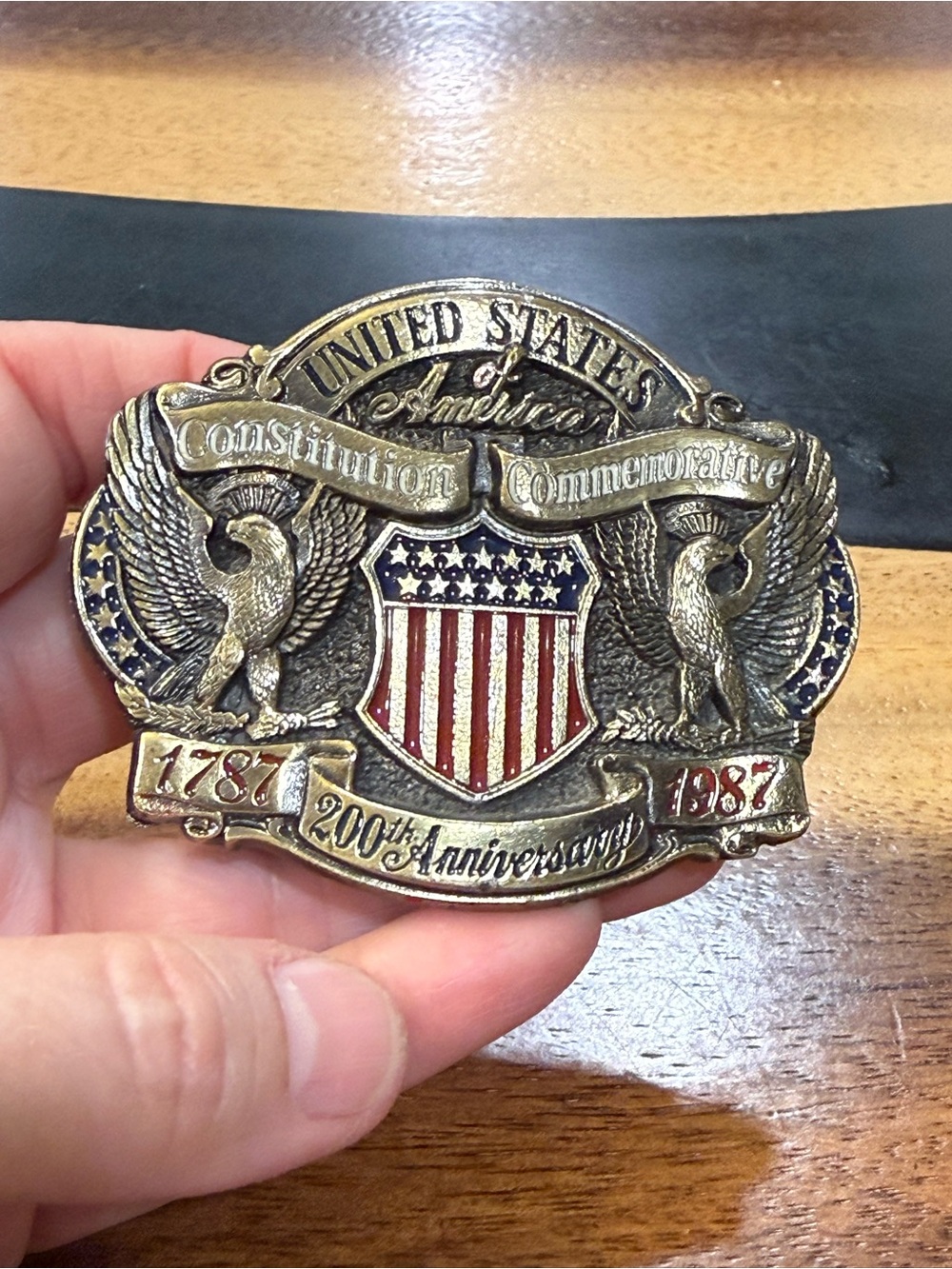 United States Constitution Commemorative Belt Buckle - Red White Blue Shield